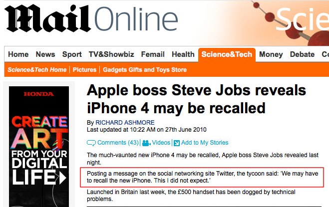 DailyFail: Newspaper quotes (Fake) Steve Jobs tweet in story about iPhone 4 recall