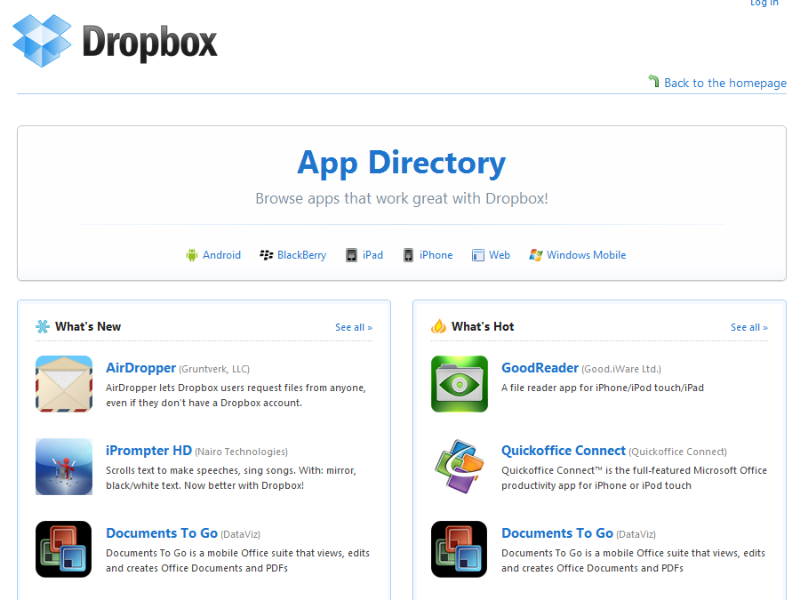 Dropbox updates its mobile platforms; announces BlackBerry support and App Directory