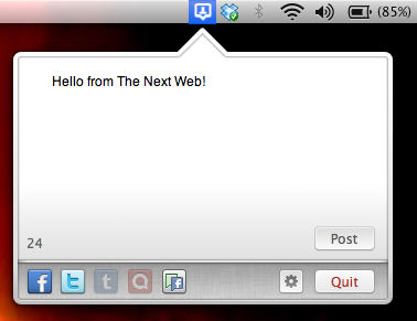 UpdateBar lets you post to Twitter and Facebook fan pages from your Mac