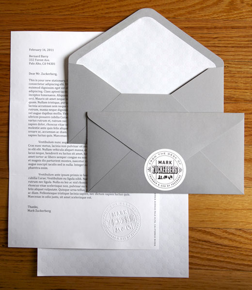 Mark Zuckerberg has his own personalized stationery, designed in house. We’ve got pictures.