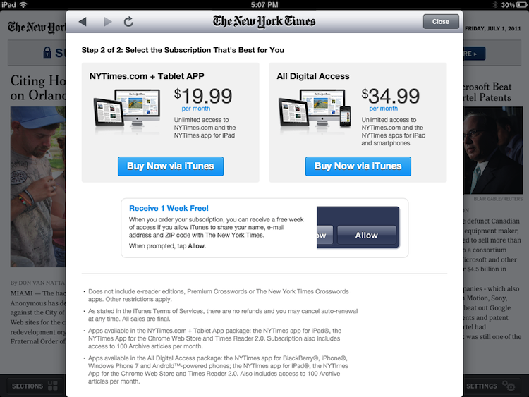 NYT gives Apple its 30% and adds in-app subscriptions to iPad app