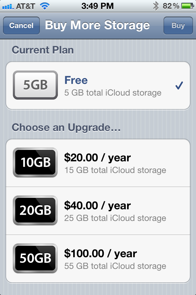 Apple’s iCloud Pricing: 5GB free, $20 for 10GB, $40 for 20GB and $100 for 50GB