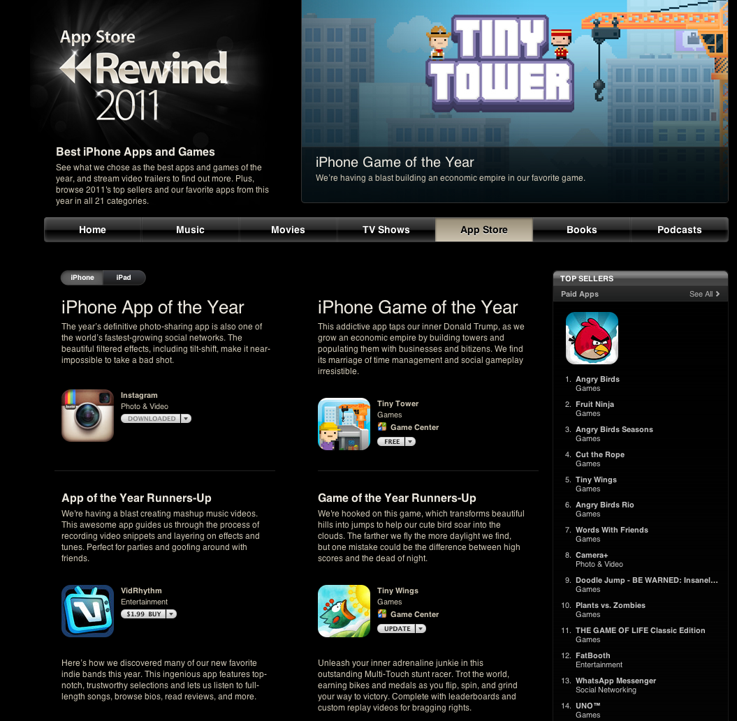 Apple’s Rewind 2011 lists top apps, games, movies, music, books and podcasts of the year