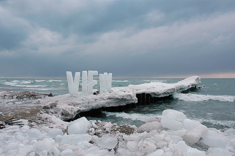 Giant ice typography on the shores of Lake Ontario