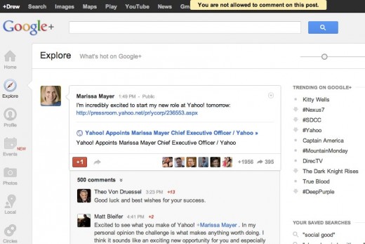 exploregoogleplus exploregoogleplus 520x347 Want to congratulate Marissa Mayer on her new gig via her Google+ post? You cant