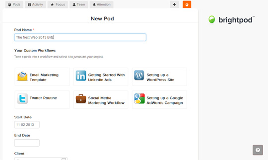 Create a new project and use a marketing activity template or set it up your own way photo Create a new project and use a marketing activity template or set it up your own way Synage Softwares Brightpod, a collaboration app for digital marketers, readies for launch