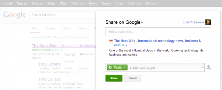 Google toys with removing Instant Preview in Search, adds dropdown menu with Cached, Similar, Share options google share 730x297 Google toys with removing Instant Preview in Search, adds dropdown menu with Cached, Similar, Share options
