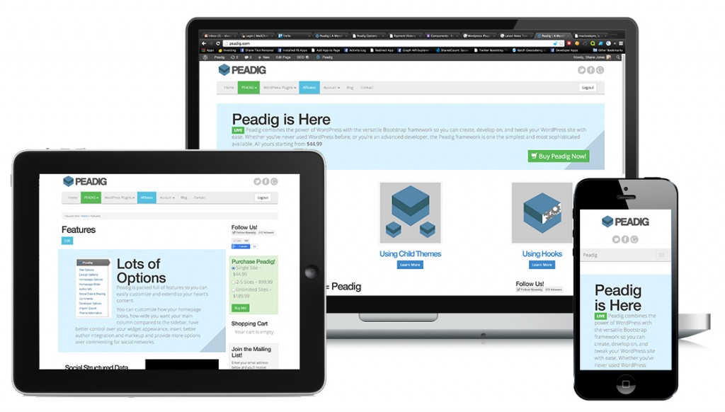 Peadig is a simple WordPress theme framework for Bootstrap with extensive search and social tools