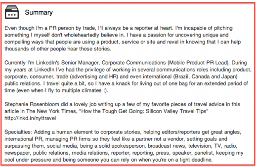 Krista Canfield LinkedIn summary 520x340 How to write a professional bio for Twitter, LinkedIn, Facebook, and Google+