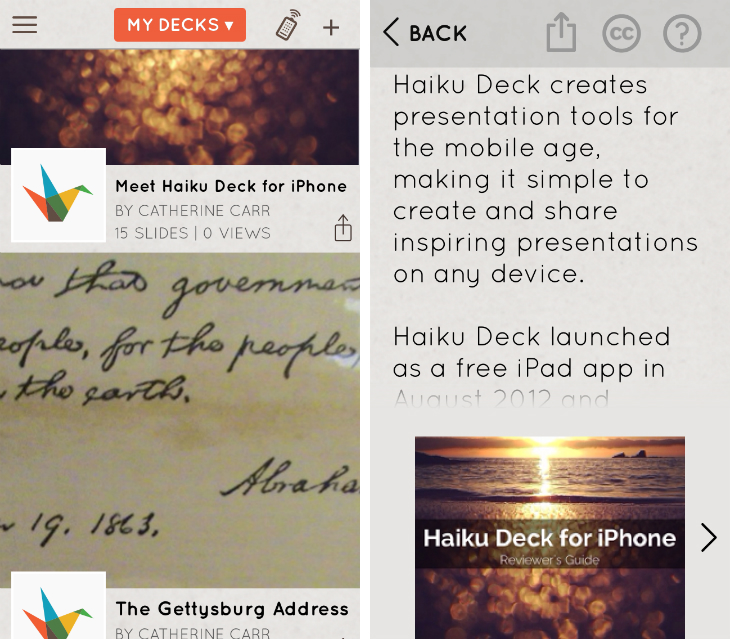 haiku2 Haiku Deck for iPhone lets you deliver presentations created with its iPad and Web apps