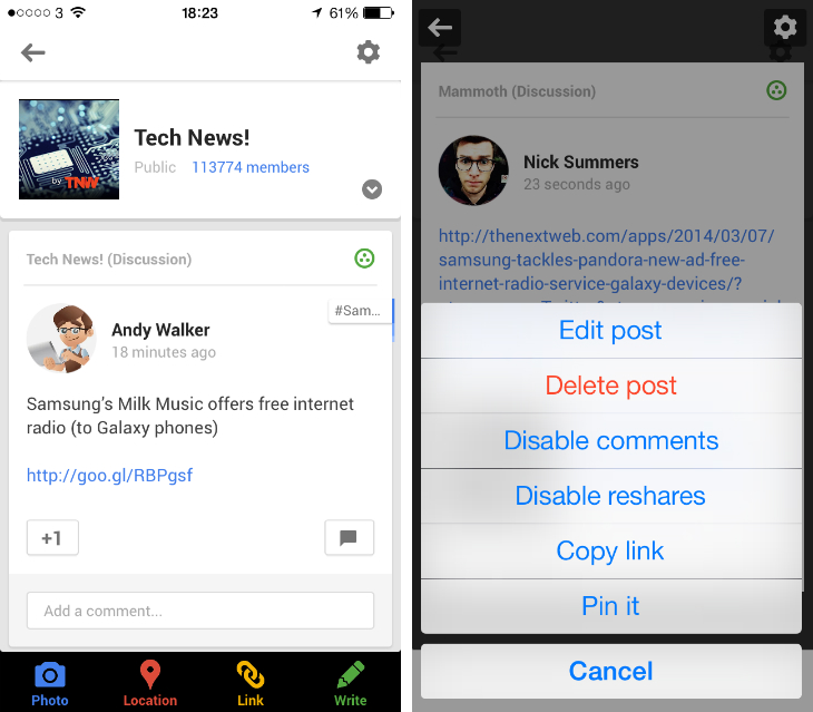 gplus1 Google+ for iOS gets Community post pinning, Whats Hot topics and granular location settings