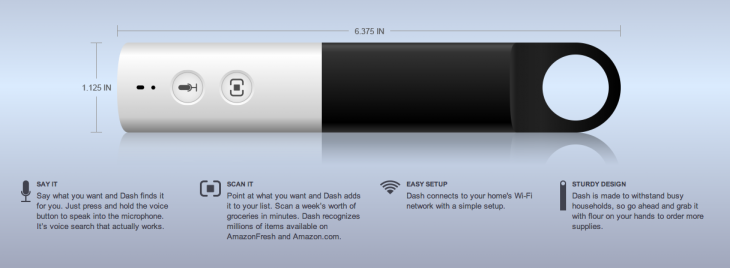 This is Amazon Dash, a voice-enabled scanner for creating AmazonFresh shopping lists