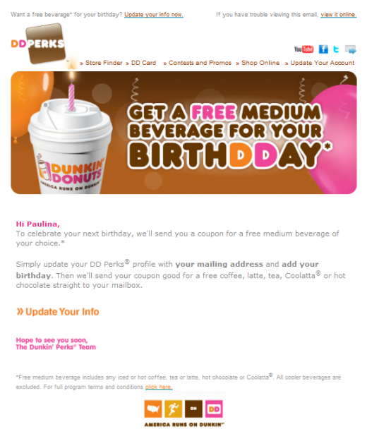 dunkin birthday email 520x608 8 ways to delight and reward your email subscribers