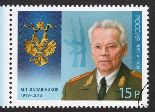 A Russian stamp from 2014 commemorating AK-47 designer Mikhail Kalashnikov