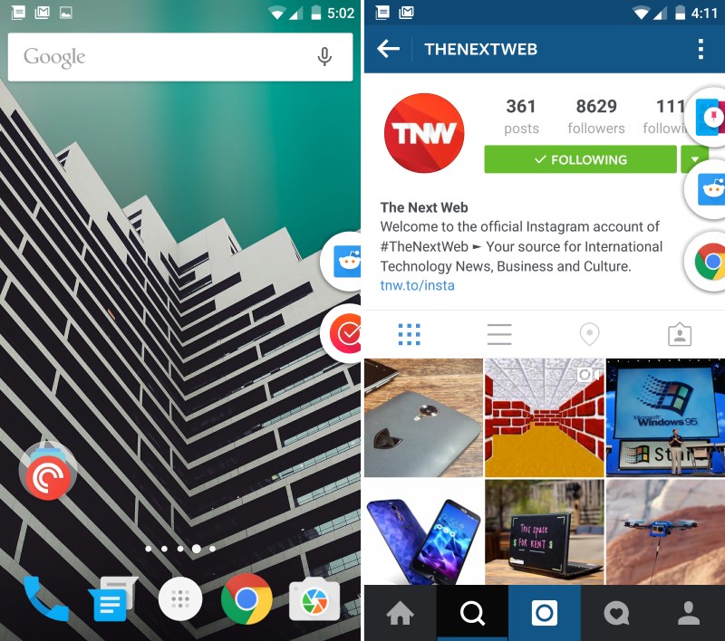 Pintasking minimizes any app into floating bubbles (left); you can swipe from the top or tap a notification to pin an active app (right)