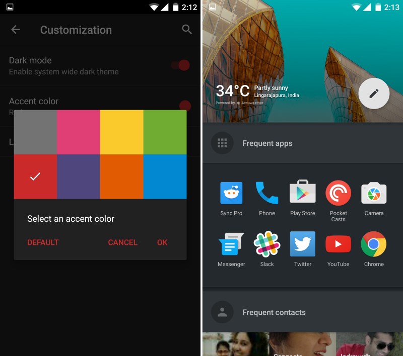 OxygenOS only lets you switch between light and dark themes and choose an accent color (left); the shelf is ocassionally handy (right)