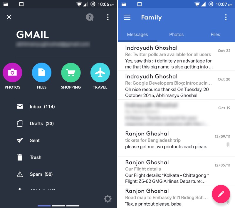 Alto offers several stacks by default (left); Create your own to quickly find messages, files and photos (right)