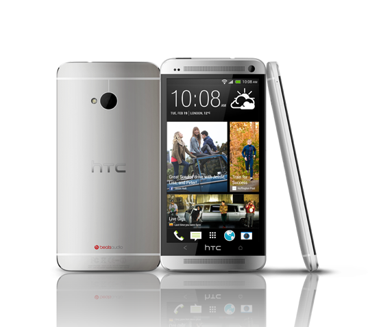 HTC's original One M7, in silver.
