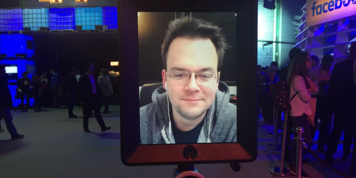 This guy is staying up all night in California to drive a robot around a conference in Europe