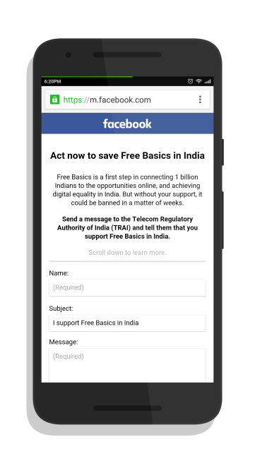 Facebook has been asking users to support Free Basics by sending an automated email to Indian regulatory authorities