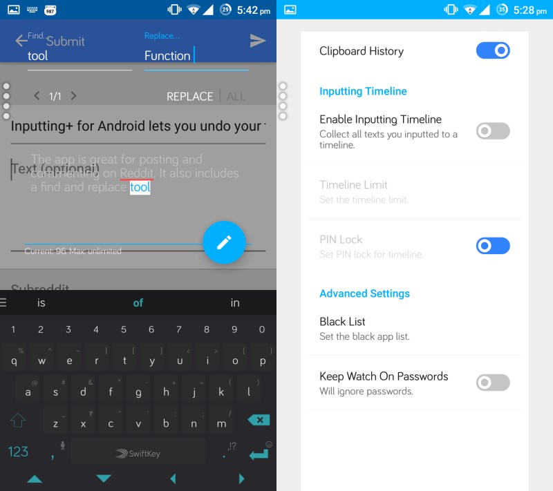 Inputting+’s find and replace (left); plenty of options to customize the app (right)