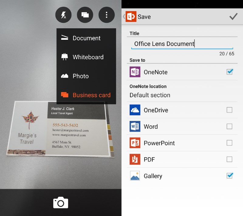 Office Lens lets you scan documents, business cards and whiteboards and digitizes them for easy retrieval