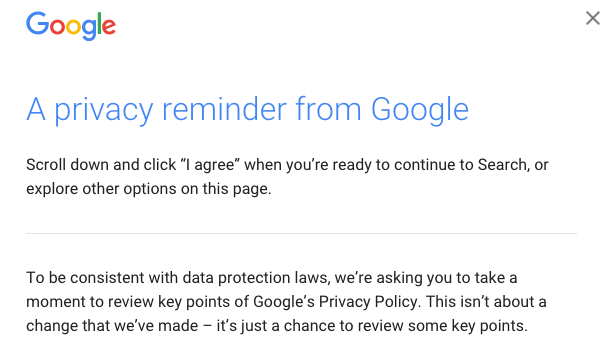 Google privacy pop up