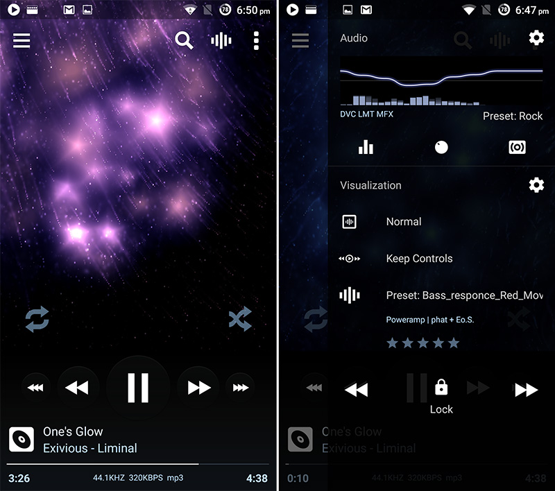 The latest version supports visualizations and puts audio settings in a drawer on the right