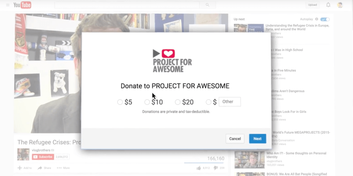 YouTube donation cards allow video creators to raise money for charity