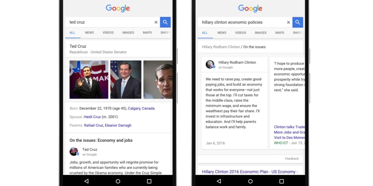 Google search now shows election candidates’ stances on specific political issues