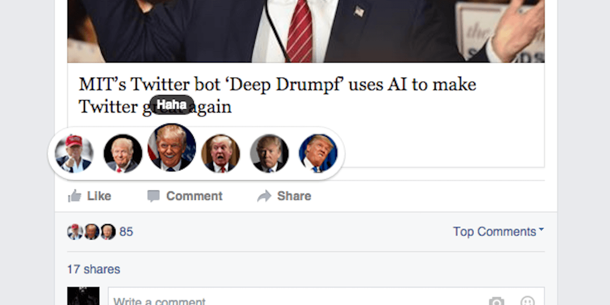This Facebook plugin lets you swap out reactions for Trump or Pokémon