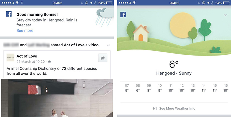 Facebook is displaying weather information in users' News Feeds