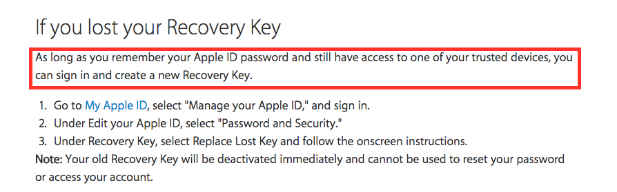 Screenshot lost recovery key Apple's Two-Factor Authentication