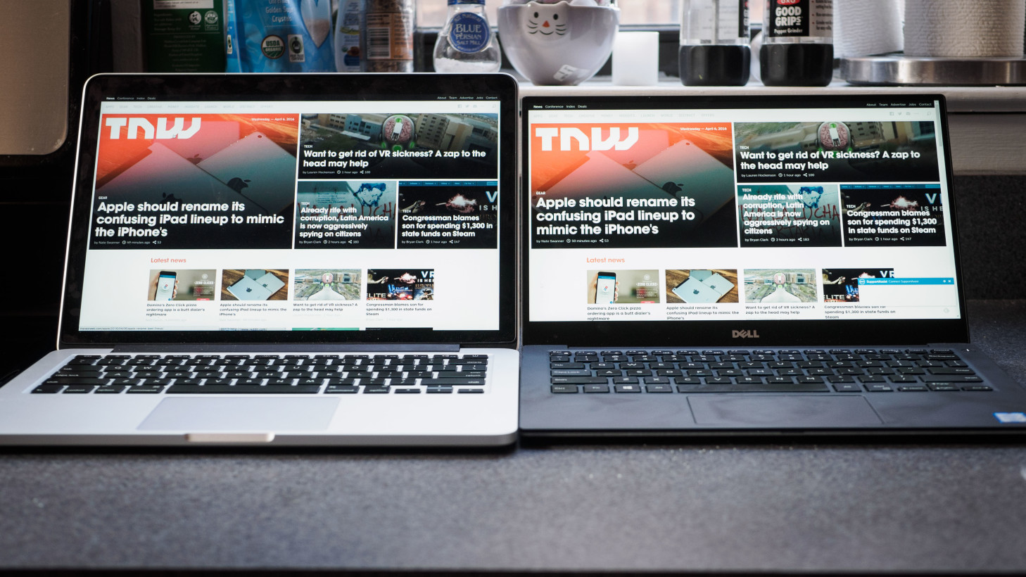 The XPS 13 and MacBook Pro both have 13 inch displays, but the Dell is much smaller.