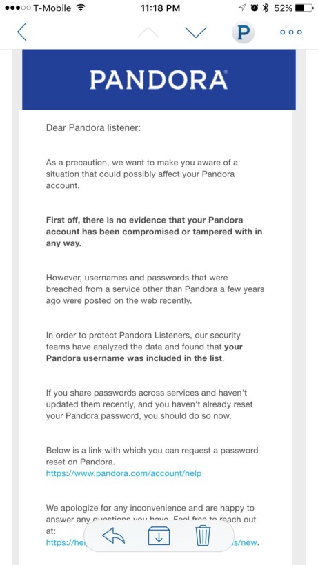 Pandora's email to subscribers