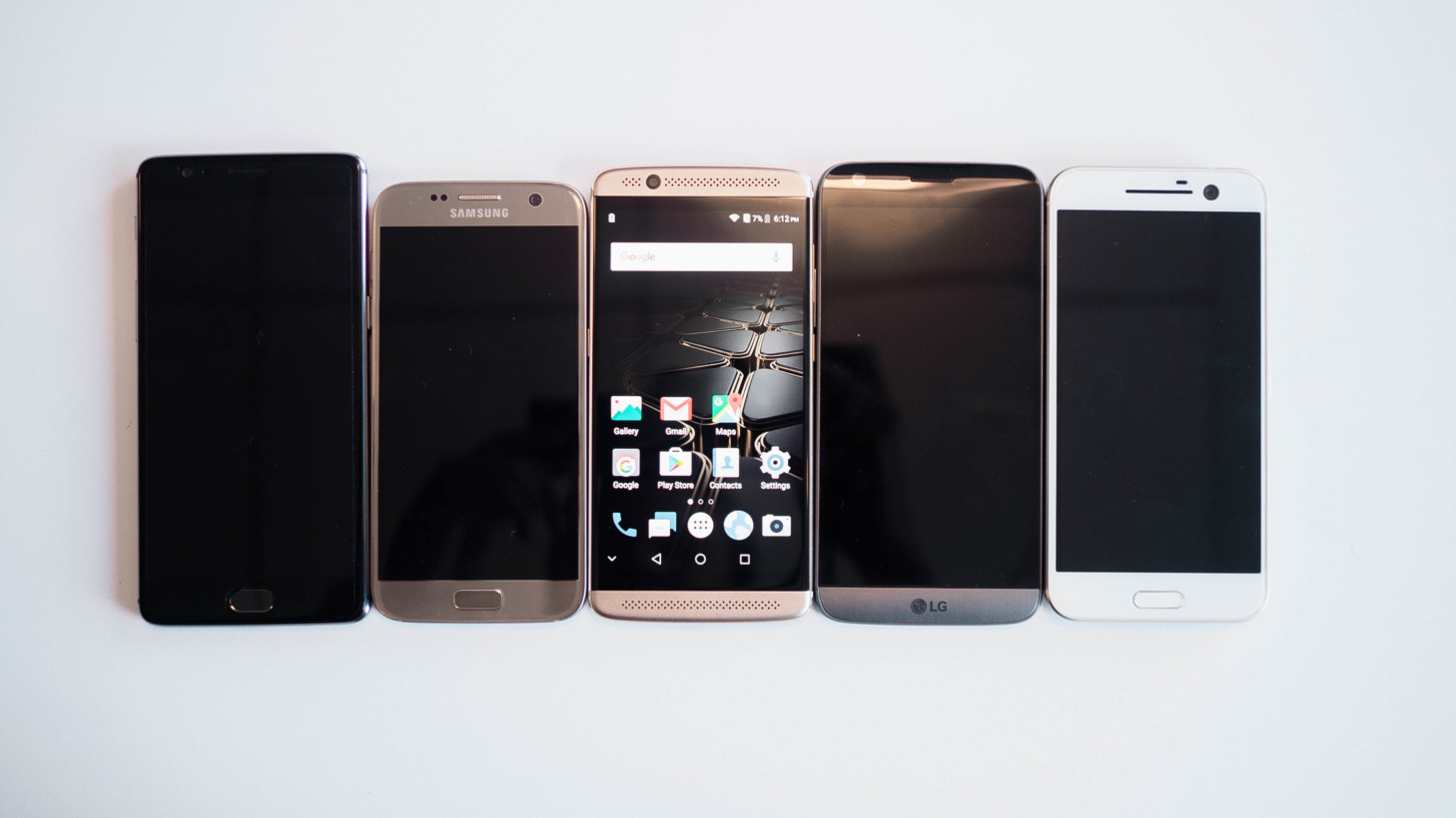 Left to Right: OnePlus 3, Samsung S7, ZTE Axon 7 Mini, LG G5, HTC 10